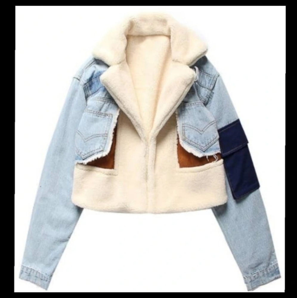 Cropped Light Wash Denim Jacket with Cream Sherpa Lining